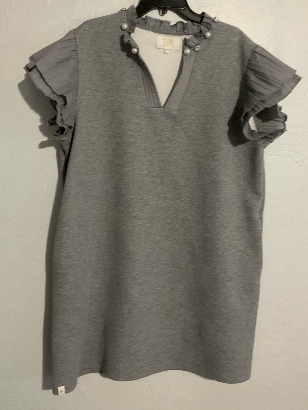 Grey Shift Dress with Pleated Sleeve Accents and Pearl Neck Trim with pockets